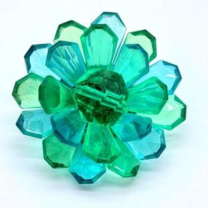 Vintage 1960s Lime Green + Blue Faceted Lucite & Crystal 3D Flower Brooch Pin